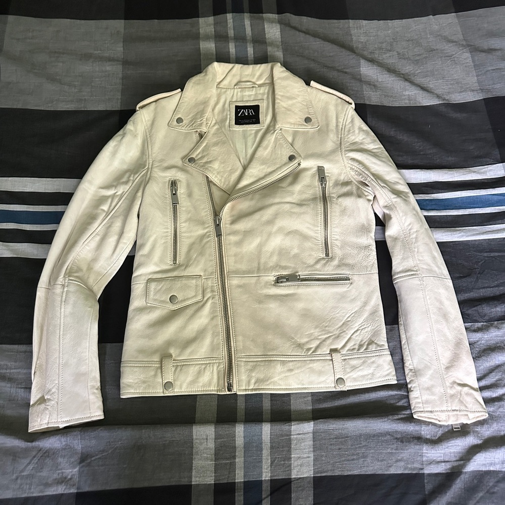 Zara Cream Leather Moto Jacket